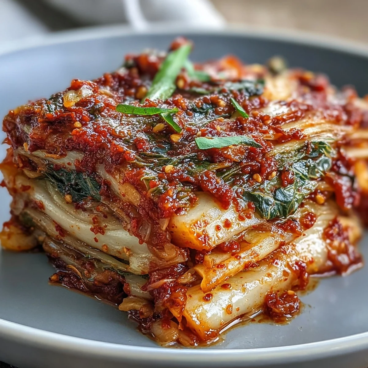 Kimchi recipe showcasing crisp napa cabbage and spicy chili paste.