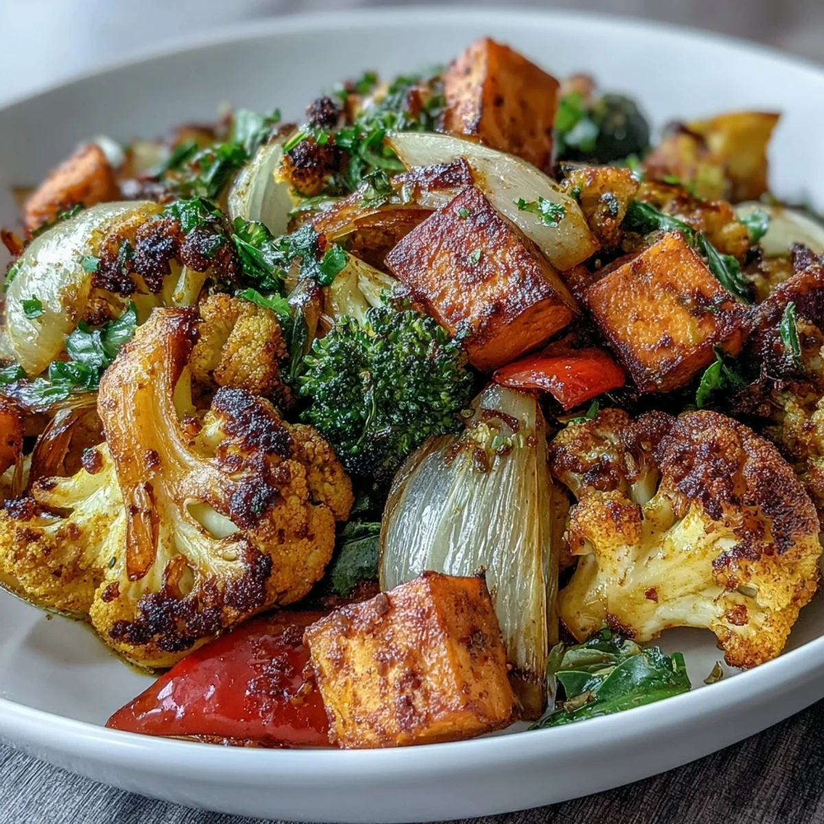 Colorful anti-inflammatory turmeric roasted vegetables dish, a healthy side.