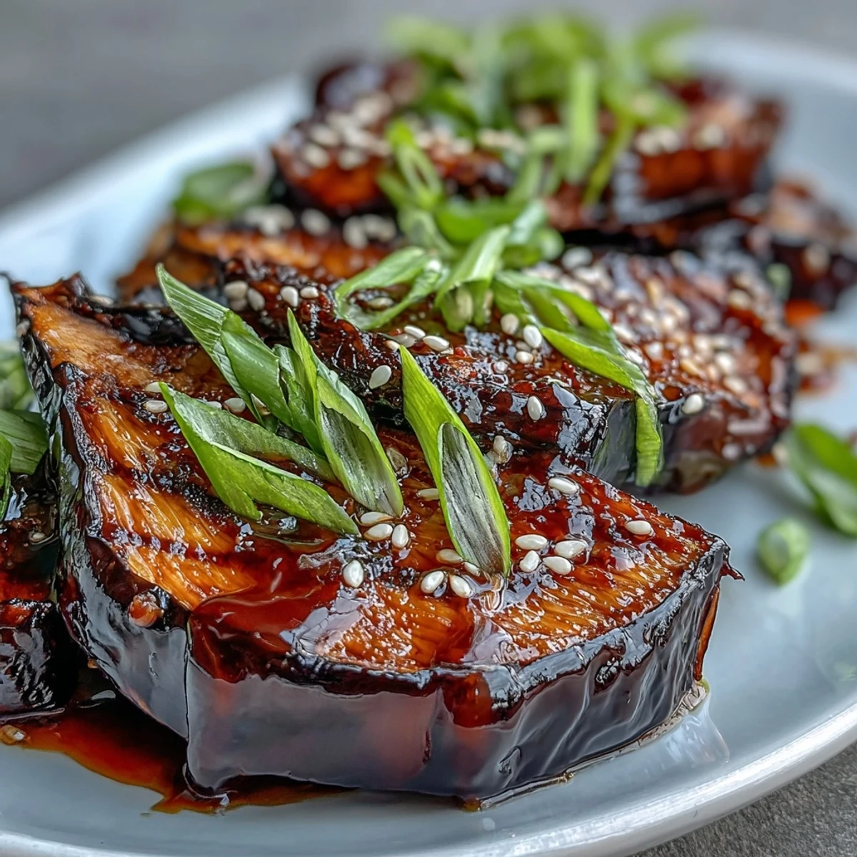 Silky roasted Miso Glazed Eggplant halves glistening with a rich, caramelized savory-sweet glaze and sprinkled with sesame seeds.