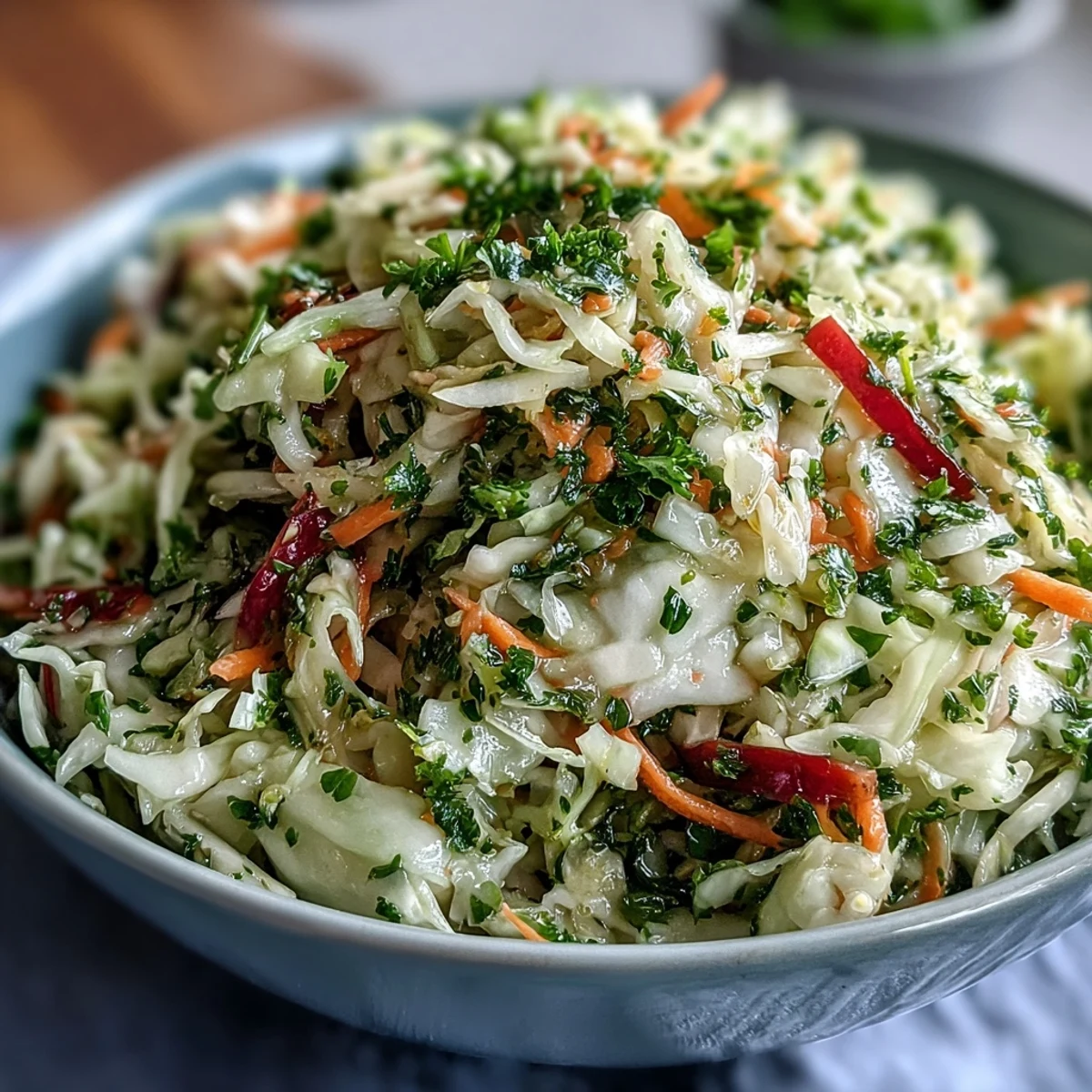 A close-up view of a vibrant Sauerkraut Slaw, featuring fermented cabbage, fresh parsley, and a hint of Dijon mustard in a wooden bowl.