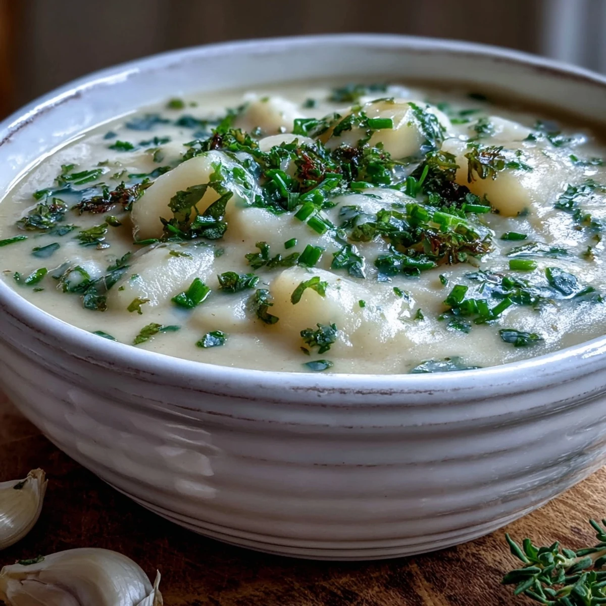 Silky smooth garlic and herb soup steaming in a rustic bowl, garnished with fresh parsley and chives.