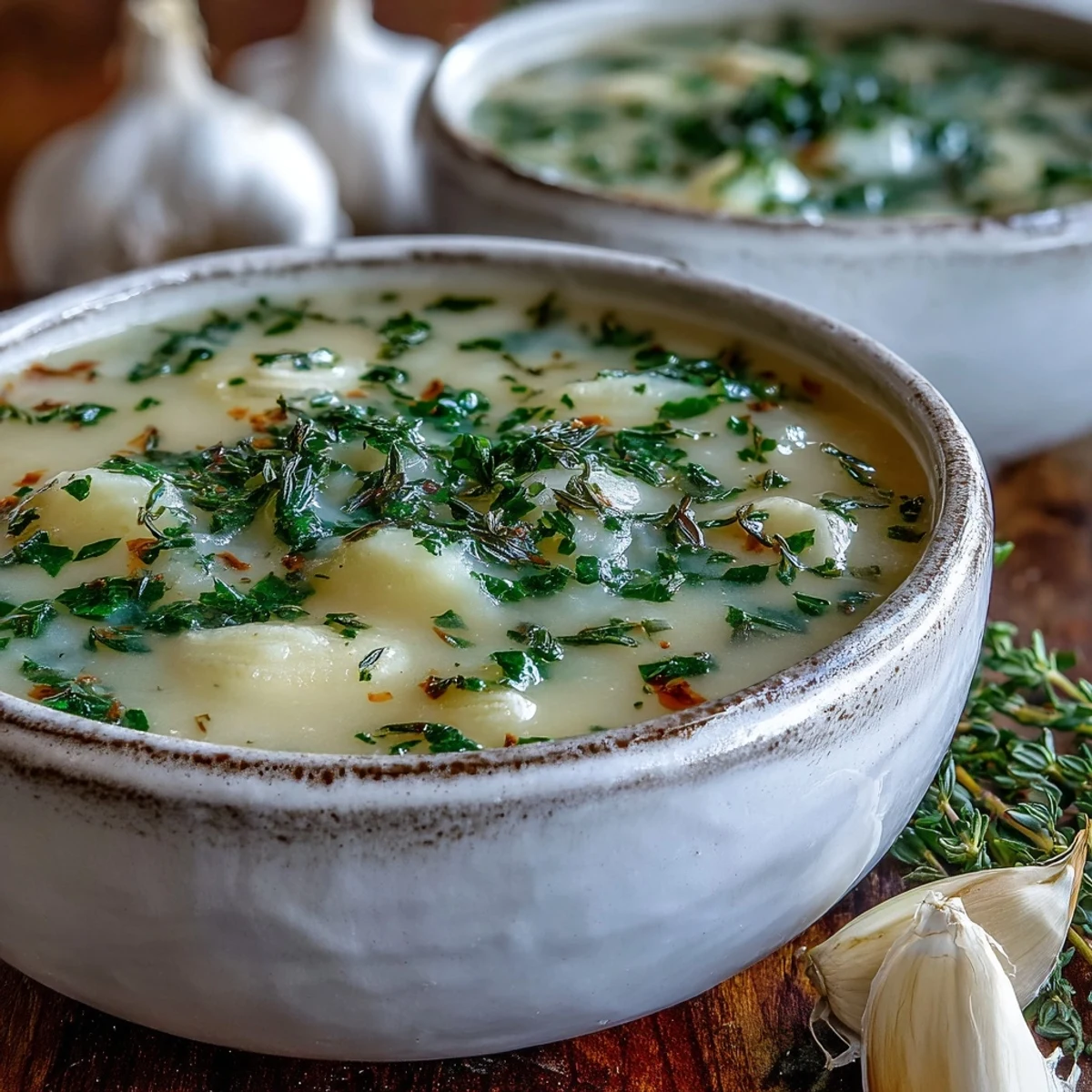 Garlic and herb soup served in a white bowl with a slice of toasted bread on the side.