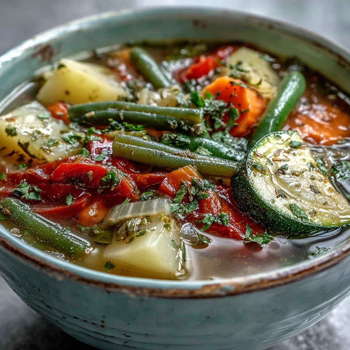 Hearty Italian Herb Vegetable Soup served hot with fresh parsley, showcasing a vibrant mix of Mediterranean vegetables.