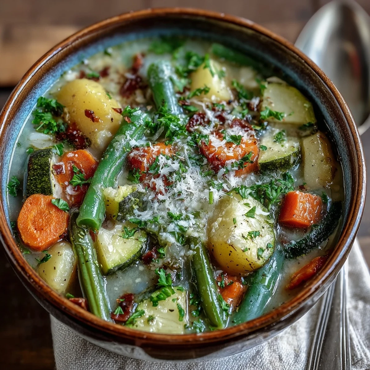 A steaming bowl of Parmesan Veggie Soup topped with fresh parsley and grated cheese, served with crusty bread for dipping.  