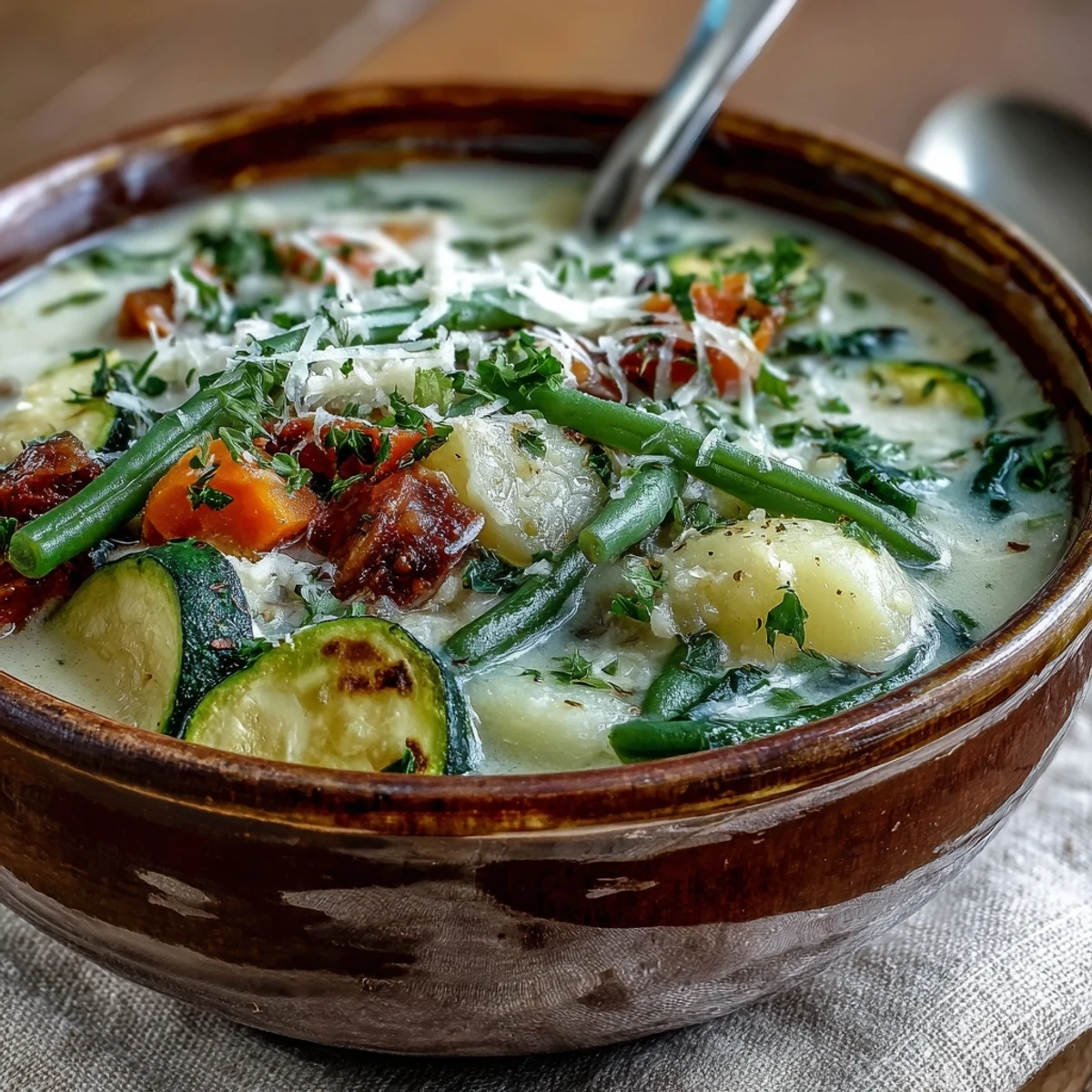 A close-up of homemade Parmesan Veggie Soup, highlighting melted Parmesan and colorful vegetables in a hearty Italian-style broth.