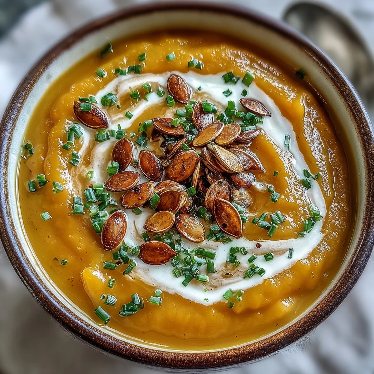 Smooth, velvety acorn squash soup garnished with fresh chives, served alongside crusty gluten-free bread.  