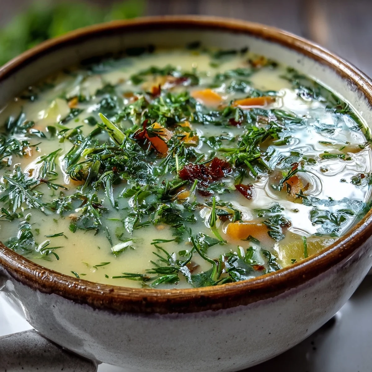 Bright lemon herb soup steaming in a rustic white bowl, garnished with fresh dill and parsley.  