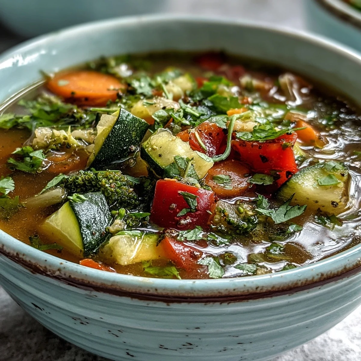 A steaming bowl of Ginger Vegetable Soup with tender broccoli, carrots, and bell peppers, garnished with fresh cilantro.