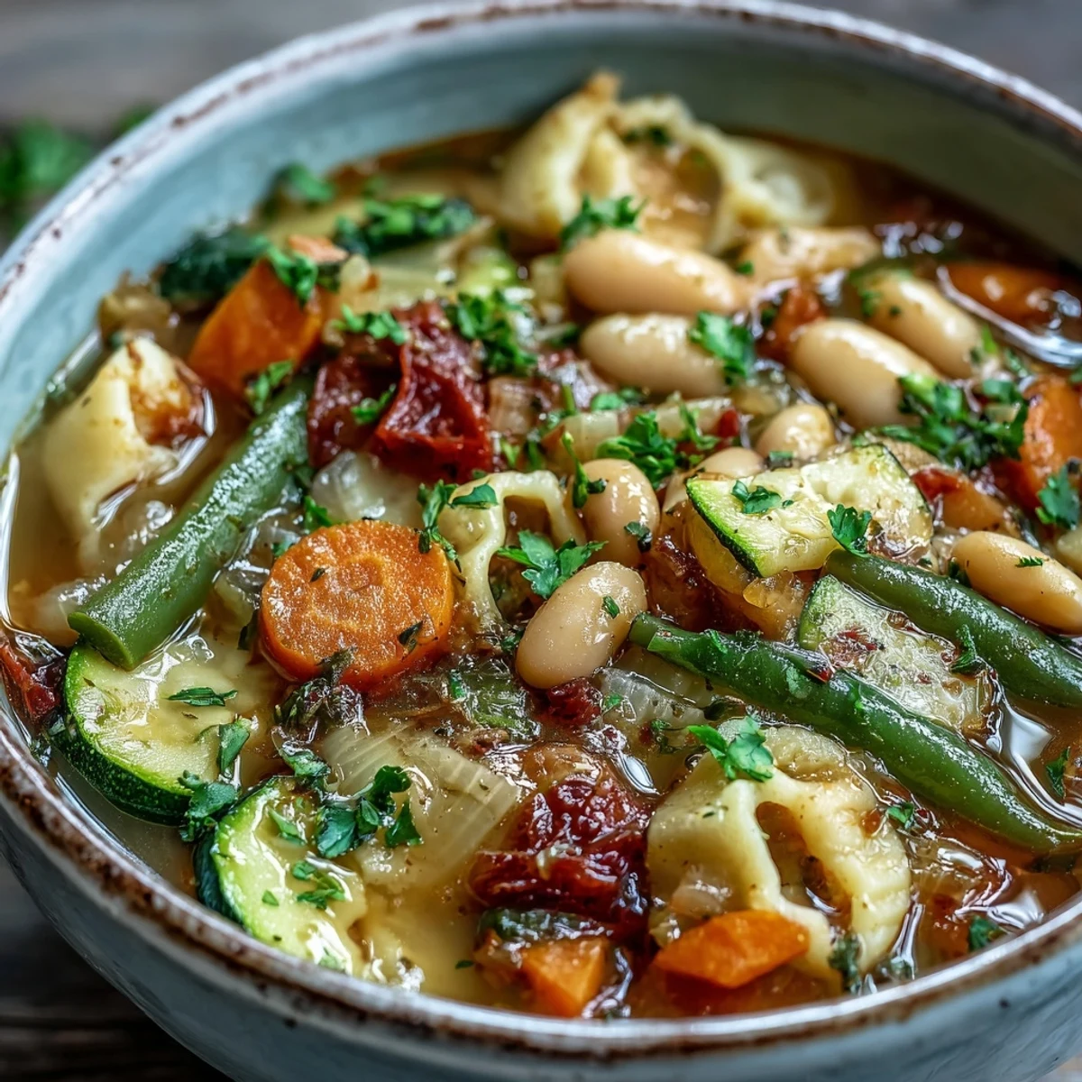 Comforting homemade Vegetable Minestrone garnished with fresh parsley and grated Parmesan cheese on a wooden table.