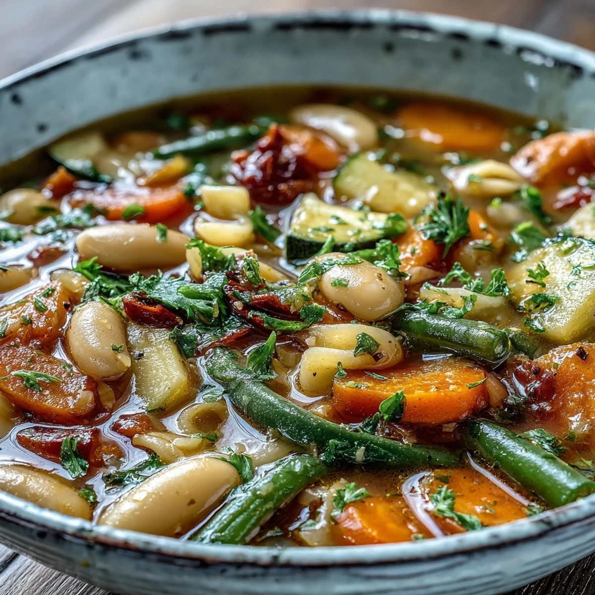 Hearty Italian Vegetable Minestrone served in a rustic mug with a slice of crusty bread for dipping.