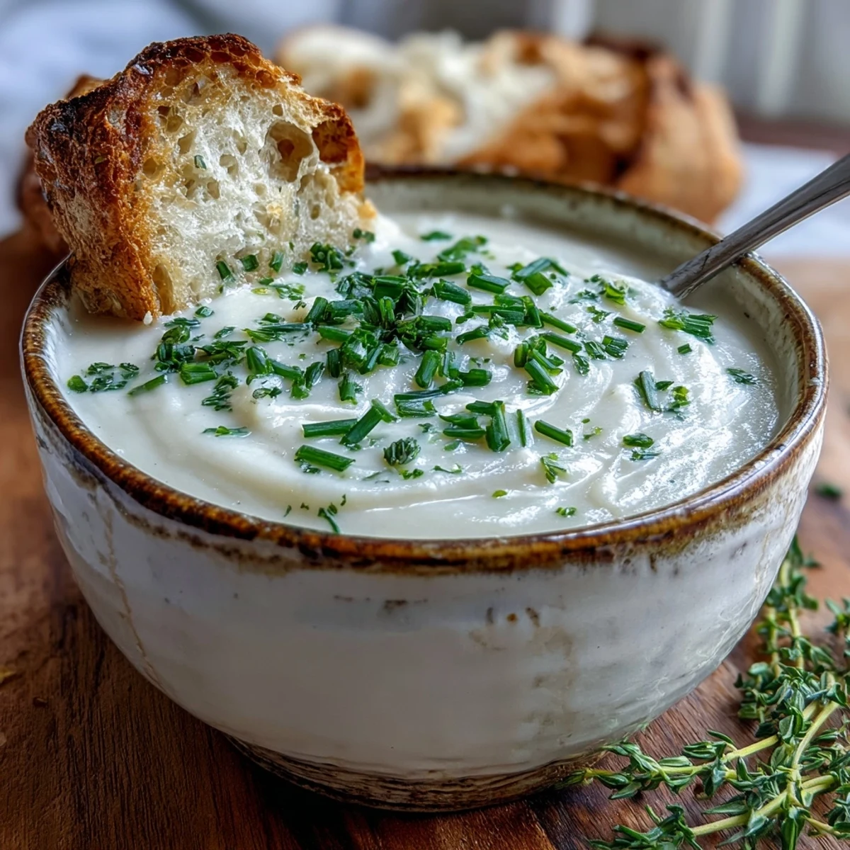 A close-up photo of a creamy Roasted Garlic and Herb Soup in a rustic bowl, garnished with fresh chives and served with crusty bread on the side.