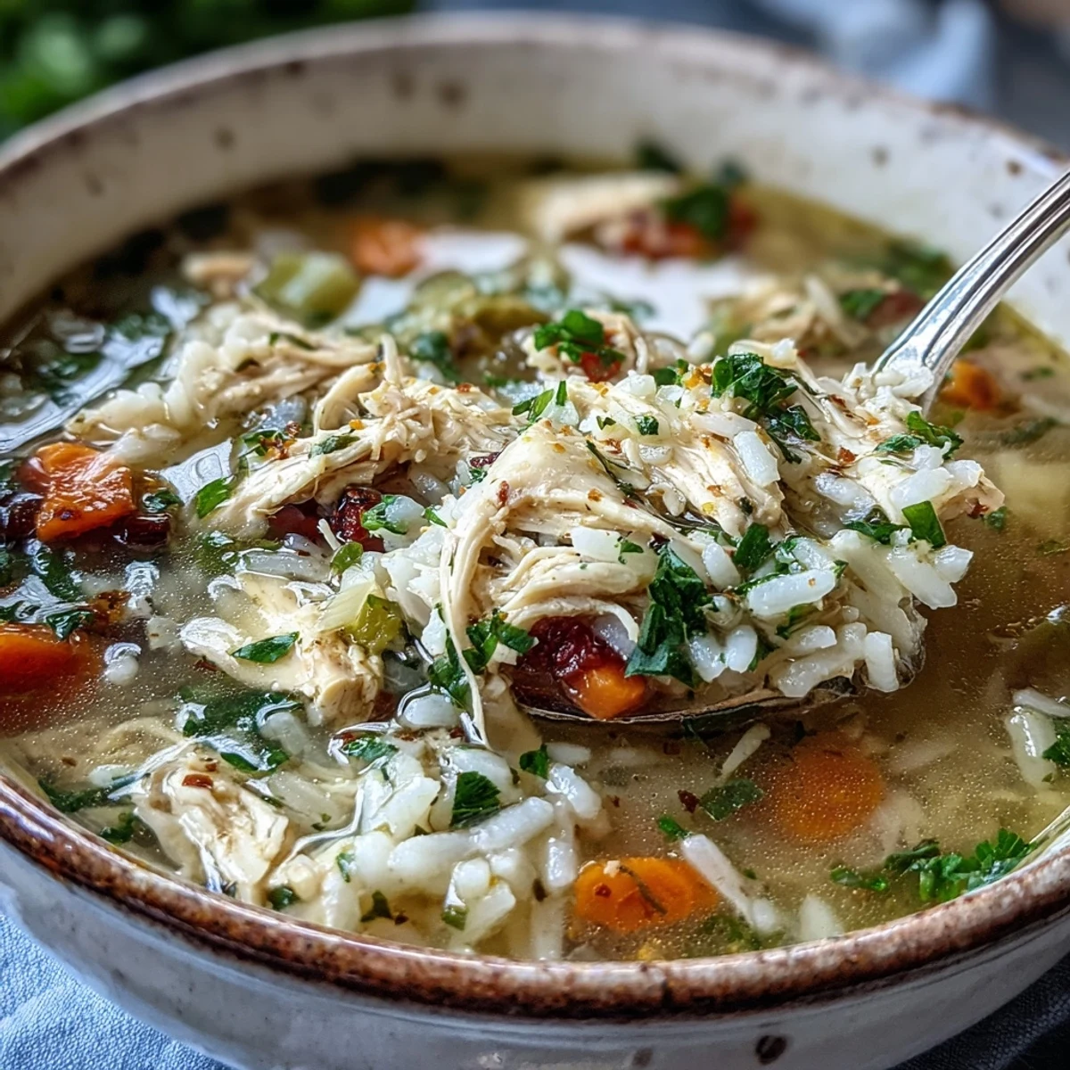 A steaming bowl of Cozy Winter Chicken and Rice Soup with tender shredded chicken, fluffy rice, and vibrant carrots.  