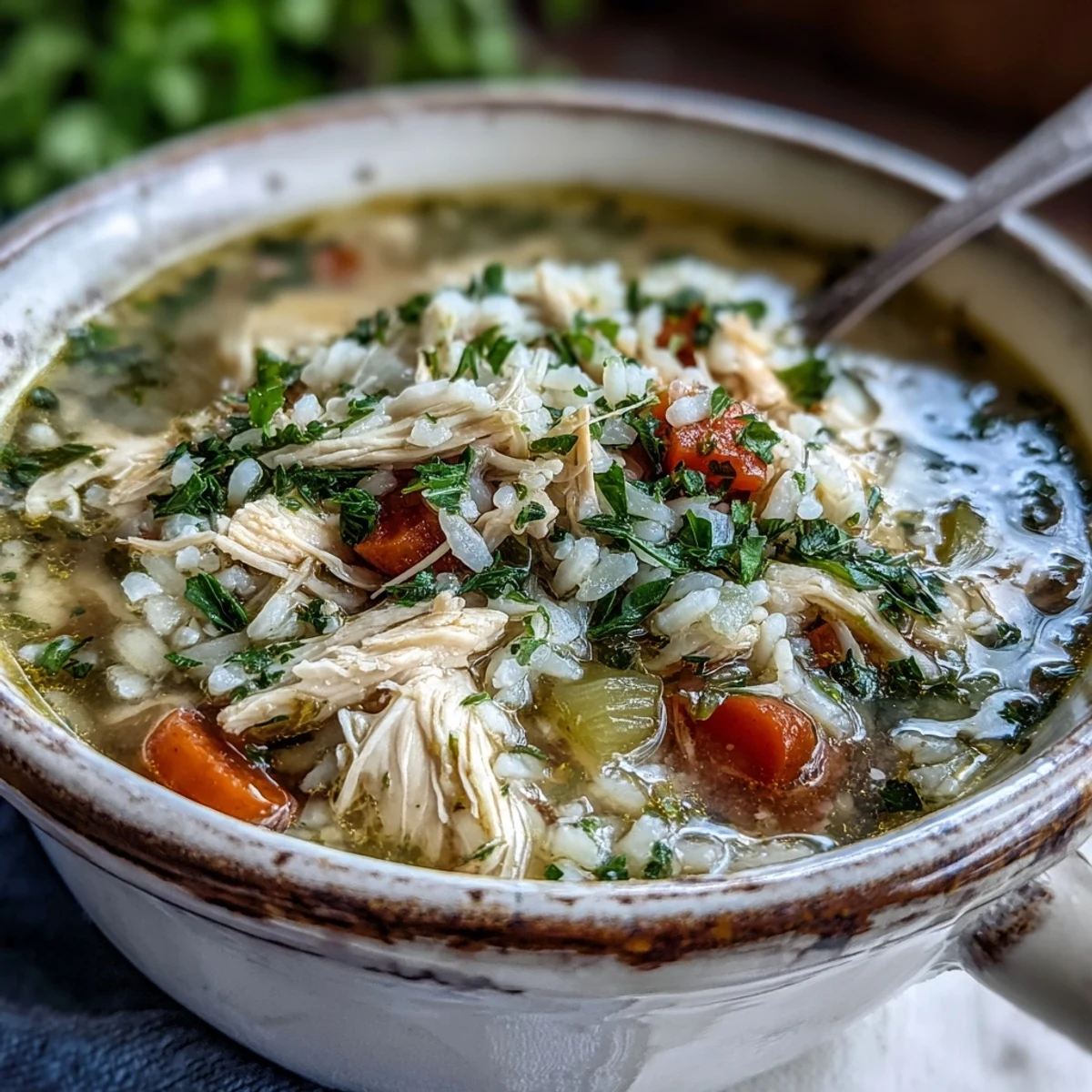 Cozy Winter Chicken and Rice Soup simmered in a pot, featuring aromatic vegetables and a golden, comforting broth.