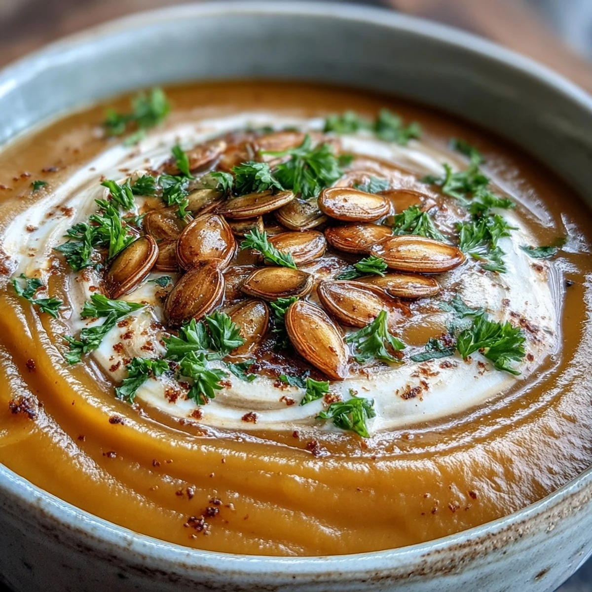 A bowl of creamy Pumpkin Soup garnished with toasted pumpkin seeds and fresh chives, served alongside warm crusty bread for dipping.  