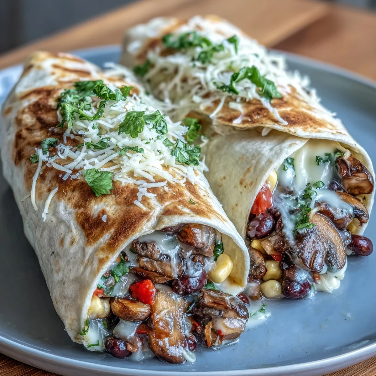 Sizzling Veggie Burritos with a golden, crispy tortilla exterior sit on a skillet, garnished with fresh cilantro and avocado slices.