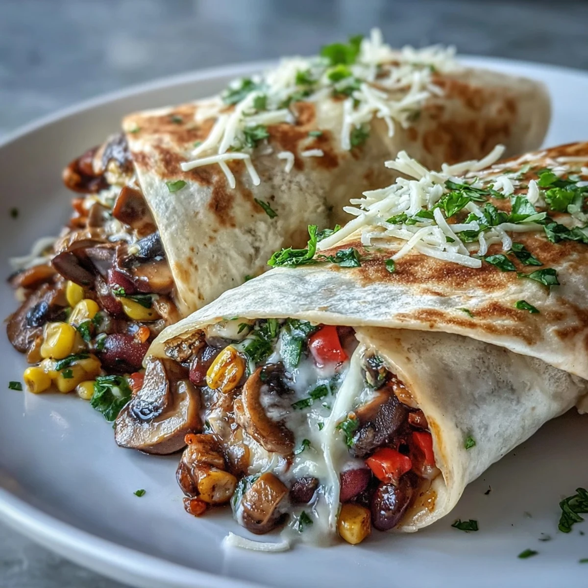 A close-up shows a sliced Veggie Burrito revealing a hearty filling of sautéed mushrooms, black beans, sweet corn, and melted cheese.