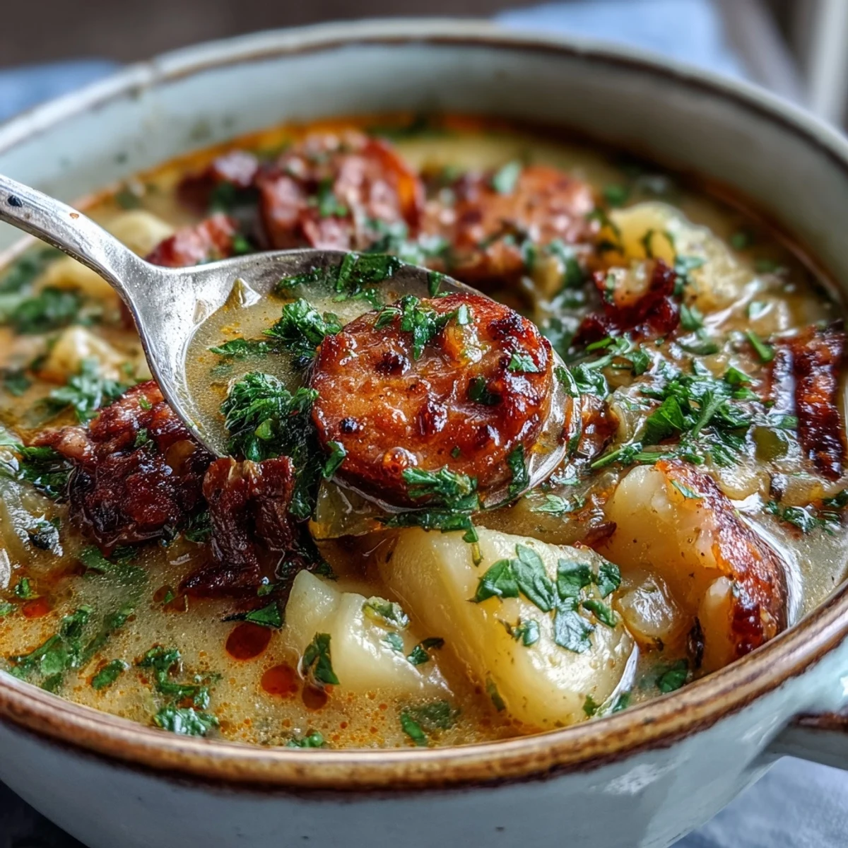 Creamy potato, leek and chorizo soup in a rustic bowl, garnished with parsley and served with crusty bread for dipping.  