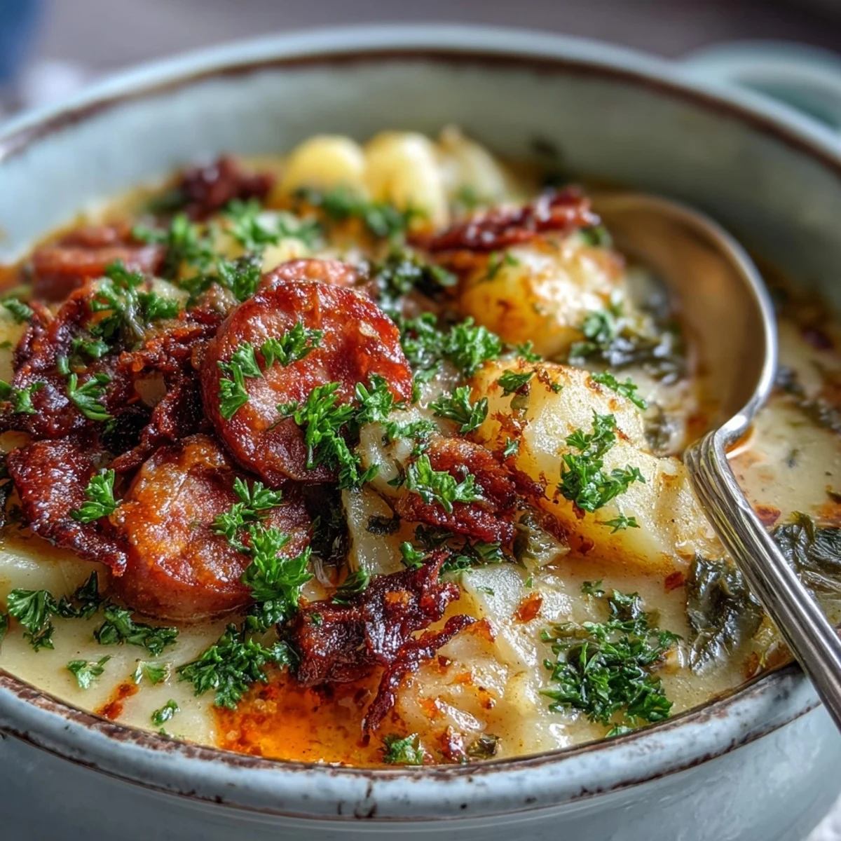 Steaming bowl of potato, leek and chorizo soup with chopped parsley and a side of toasted crusty bread.