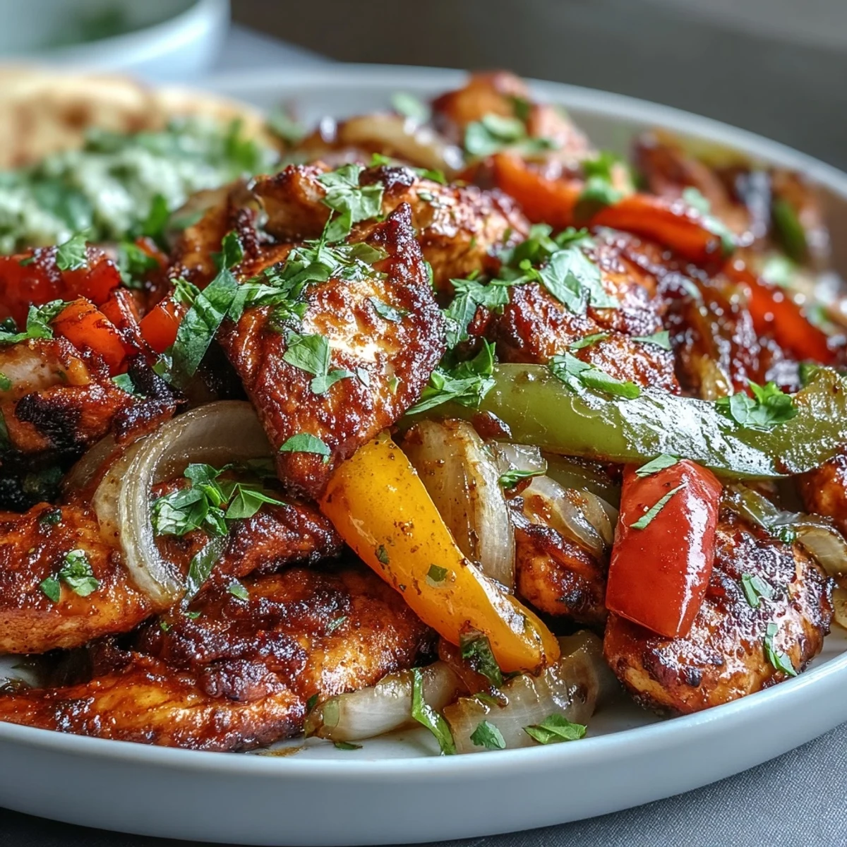 Golden-brown, tender chicken strips sizzling alongside vibrant bell pepper slices and onions in a hot skillet for Easy Chicken Fajitas.