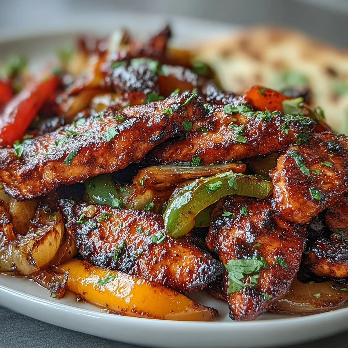 Freshly assembled Easy Chicken Fajitas in a warm tortilla, topped with sour cream, cilantro, and a squeeze of zesty lime.