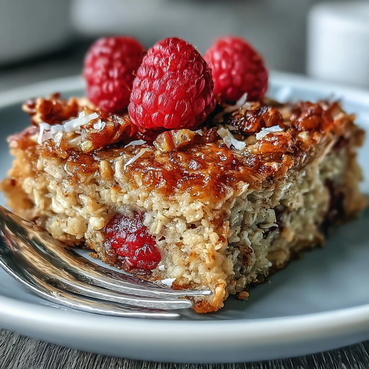 A warm slice of Baked Oatmeal with Raspberry and Coconut served alongside a steaming mug of coffee.