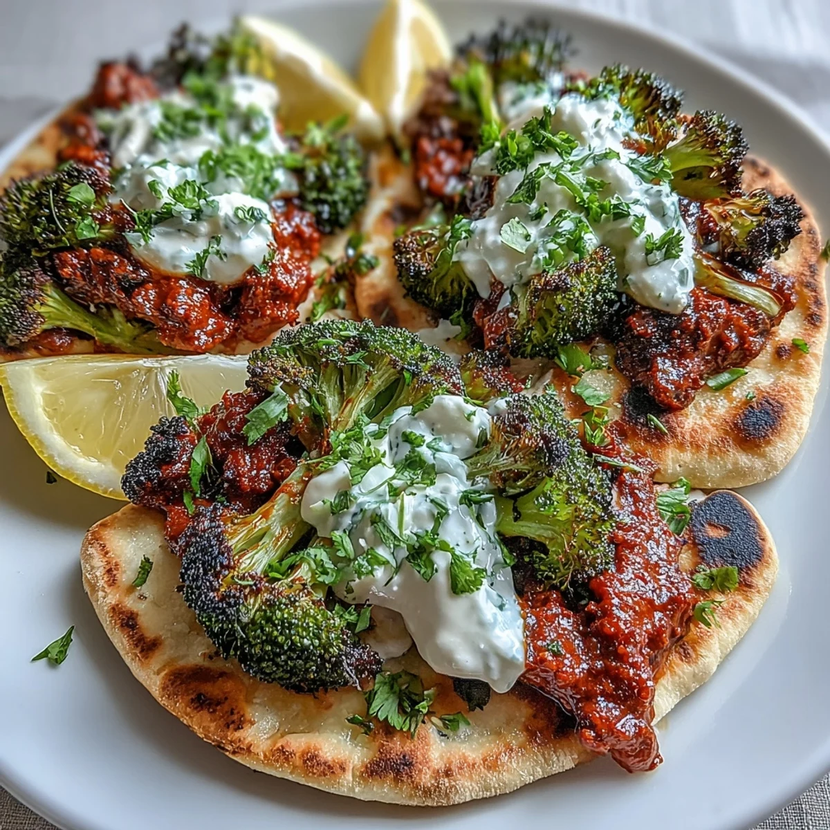 Sizzling harissa broccoli and flatbreads topped with lemon wedges and fresh cilantro for a zesty finish.