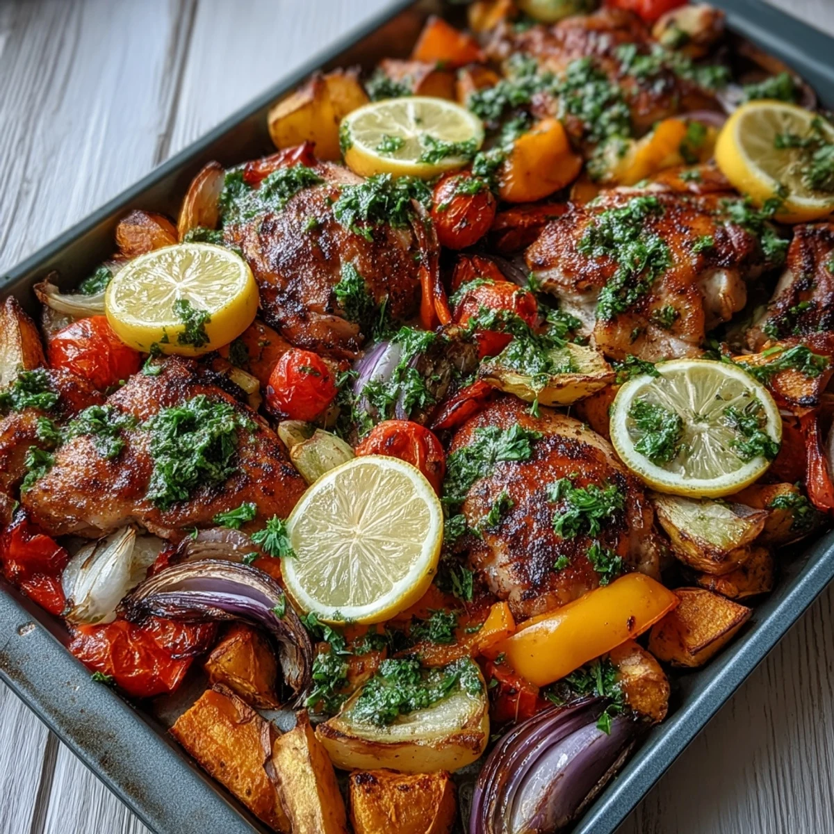 Juicy piri-piri chicken thighs roasted with golden sweet potato wedges and colorful bell peppers on a single tray.