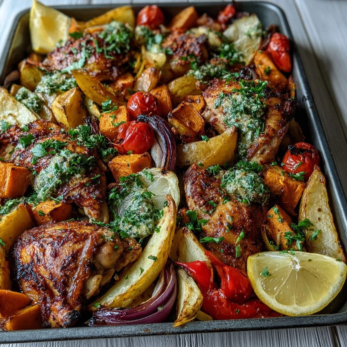 Roasted Chicken and Sweet Potato Traybake with blistered cherry tomatoes and fresh cilantro garnish on a rustic platter.