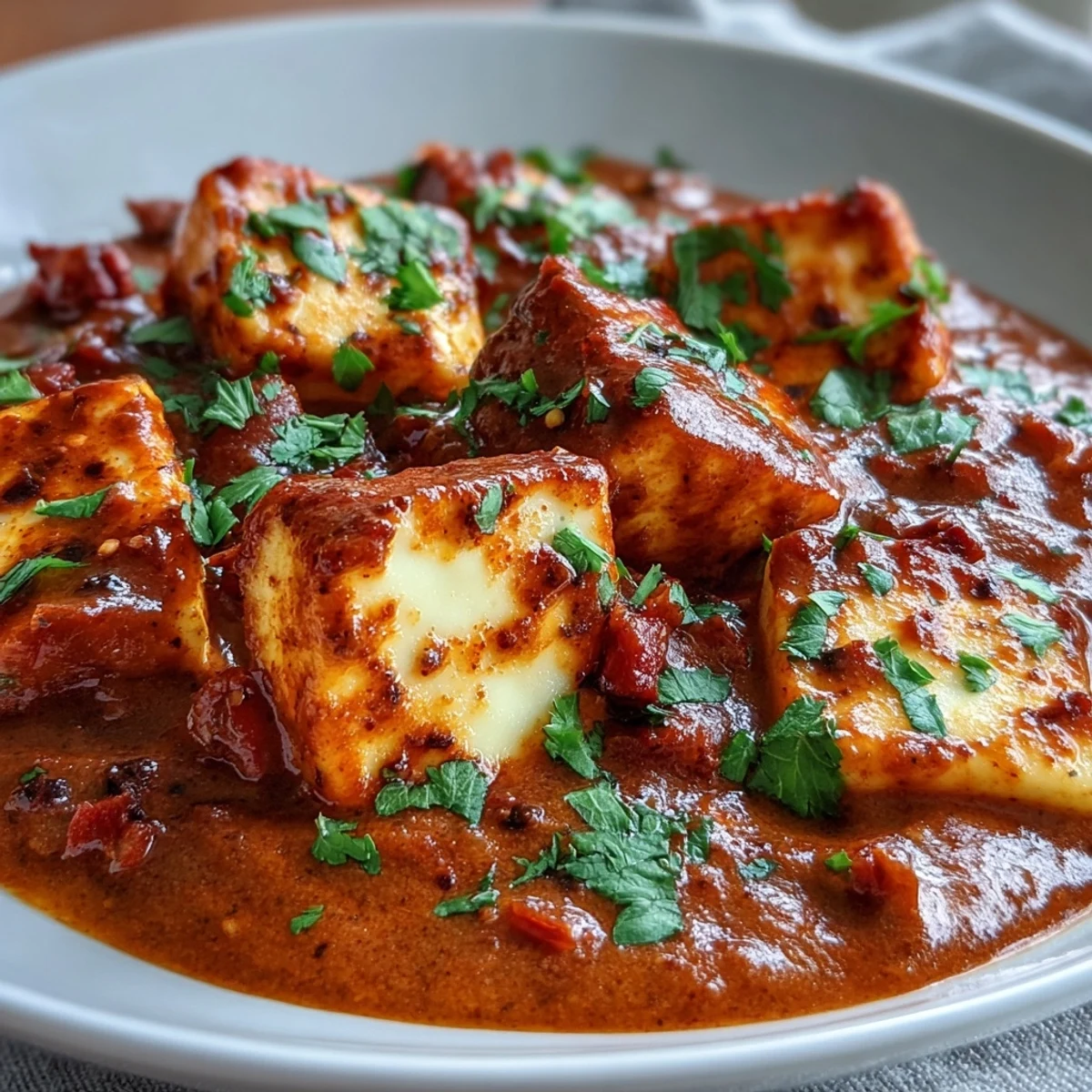 Vibrant red curry sauce with tender halloumi pieces, served over fluffy basmati rice for a comforting vegetarian dinner.  