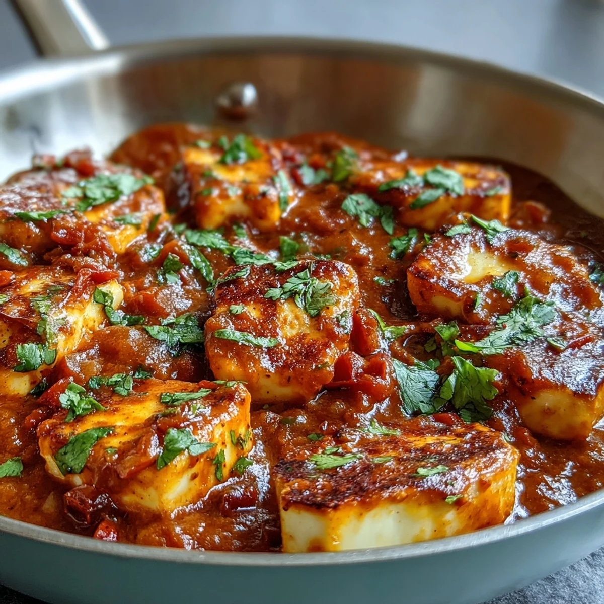 Sizzling halloumi cubes simmered in a spiced tomato and coconut milk sauce, ready to be scooped up with warm naan.