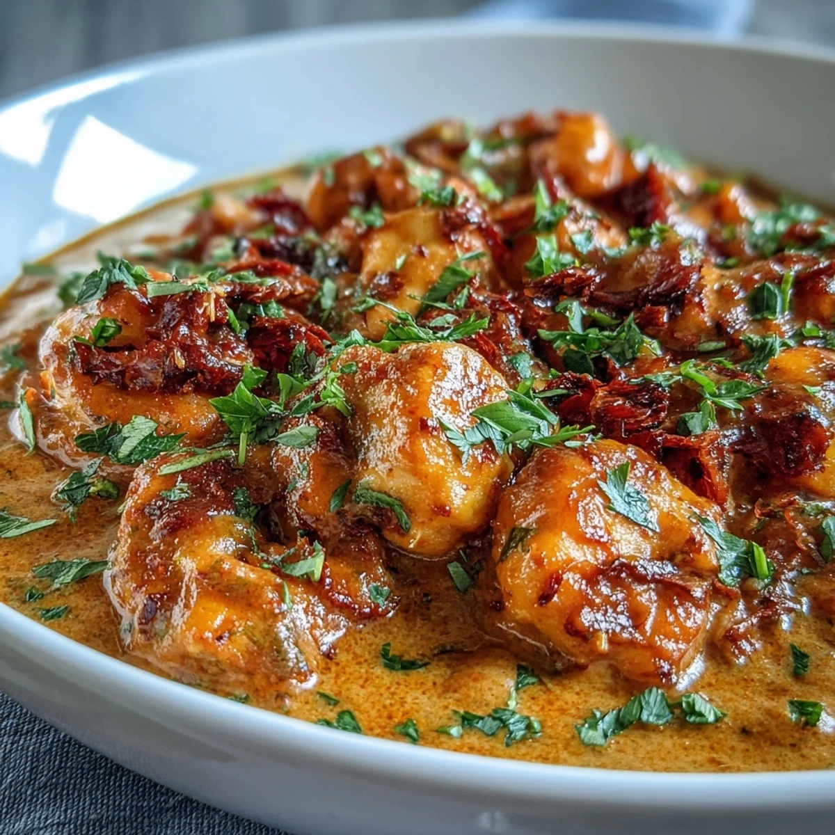 A close-up of creamy Easy Chicken Curry in a skillet, garnished with fresh cilantro and a swirl of yogurt.