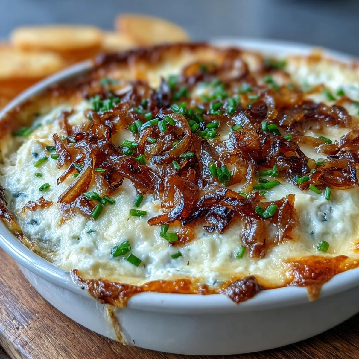 Freshly baked Smoked Gouda & Onion Dip with golden, bubbling cheese and a side of colorful vegetable crudités on a rustic table.