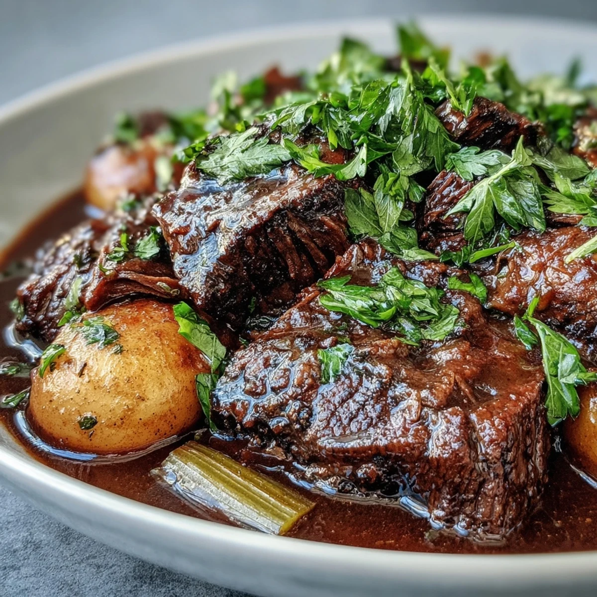 Golden-brown beef pot roast in a Dutch oven, surrounded by tender carrots, celery, and potatoes in rich red wine gravy.