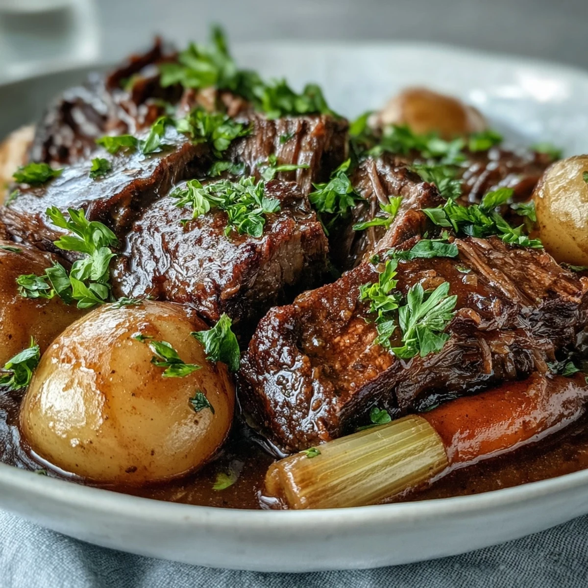 Savory beef pot roast resting on a platter with steamed baby potatoes and glazed carrots, ready to serve for dinner.