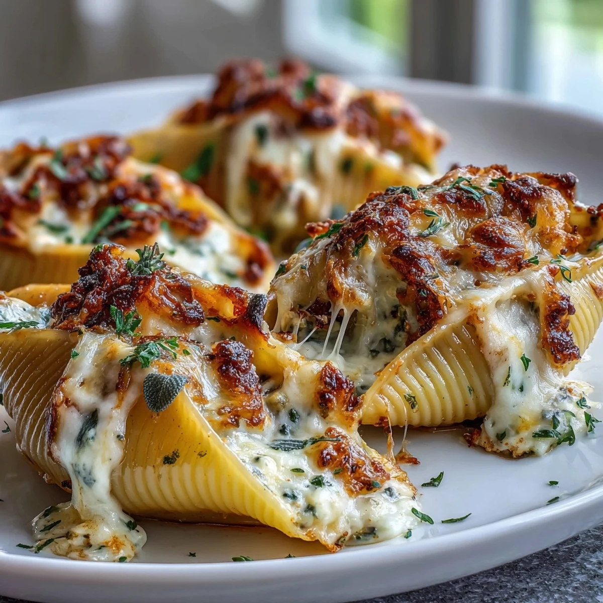 Golden baked Pumpkin & Gouda Stuffed Shells with brown butter sage Alfredo sauce bubbling in a dish.