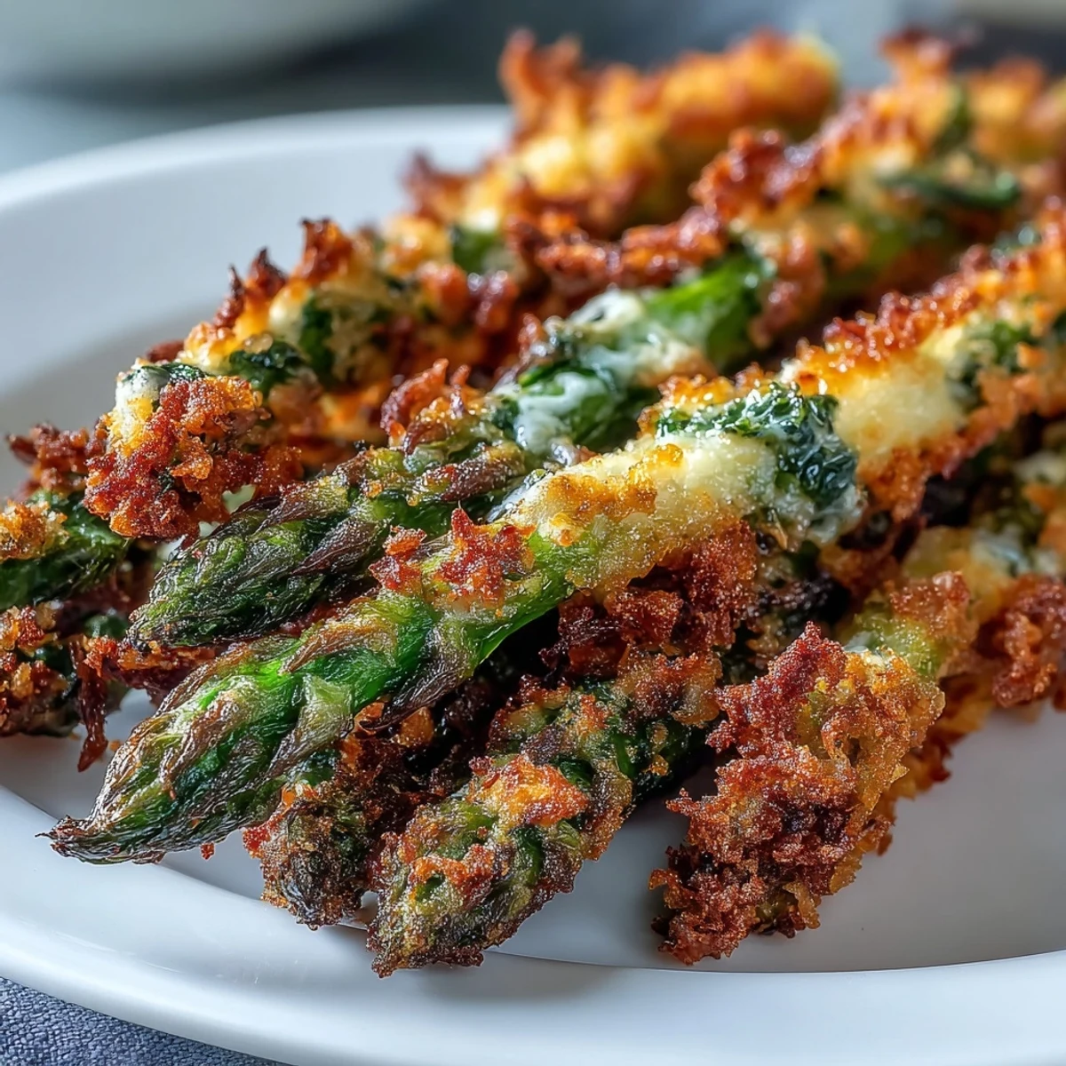 Golden Crispy Asiago Asparagus Spears baked on a sheet pan, garnished with fresh parsley and lemon wedges for serving.