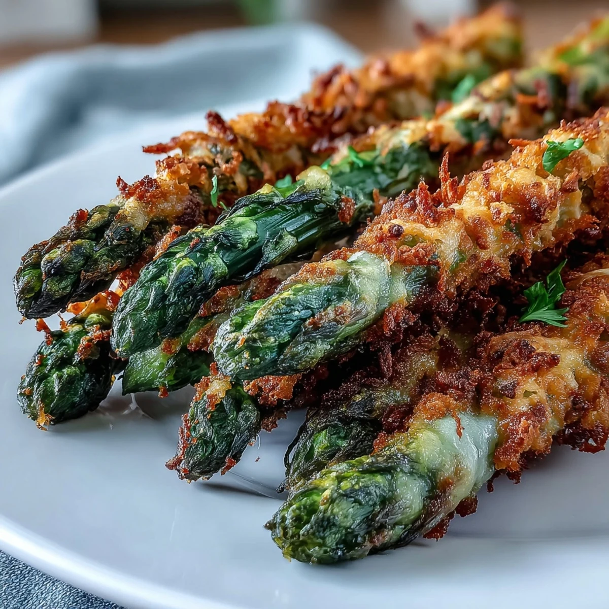 Asparagus spears coated in golden panko and Asiago, served hot from the oven with lemon wedges for squeezing.