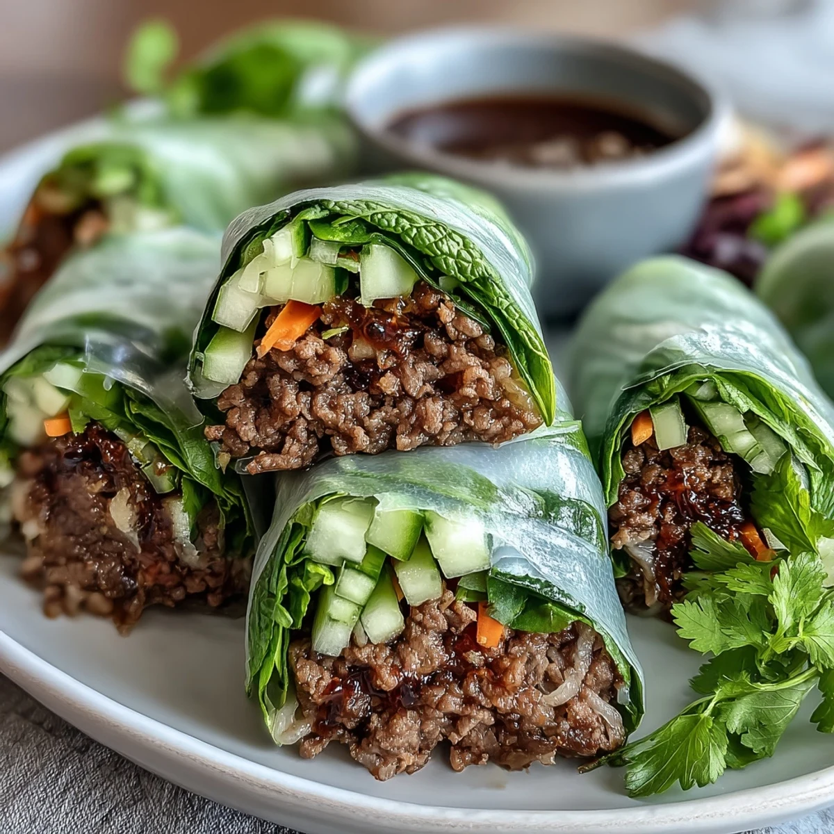 Freshly rolled Thai Basil Beef Rolls filled with savory beef, crisp veggies, and aromatic herbs, served on a white plate.