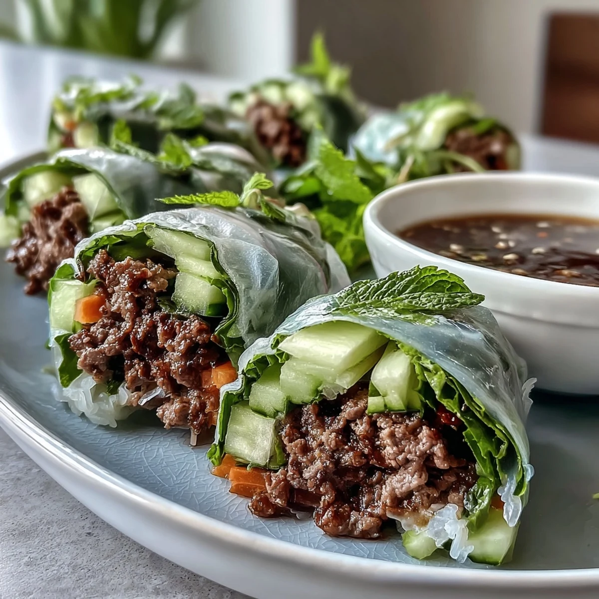 Soft rice paper wraps encasing tender Thai Basil Beef Rolls, accompanied by a vibrant dipping sauce for a spicy kick.