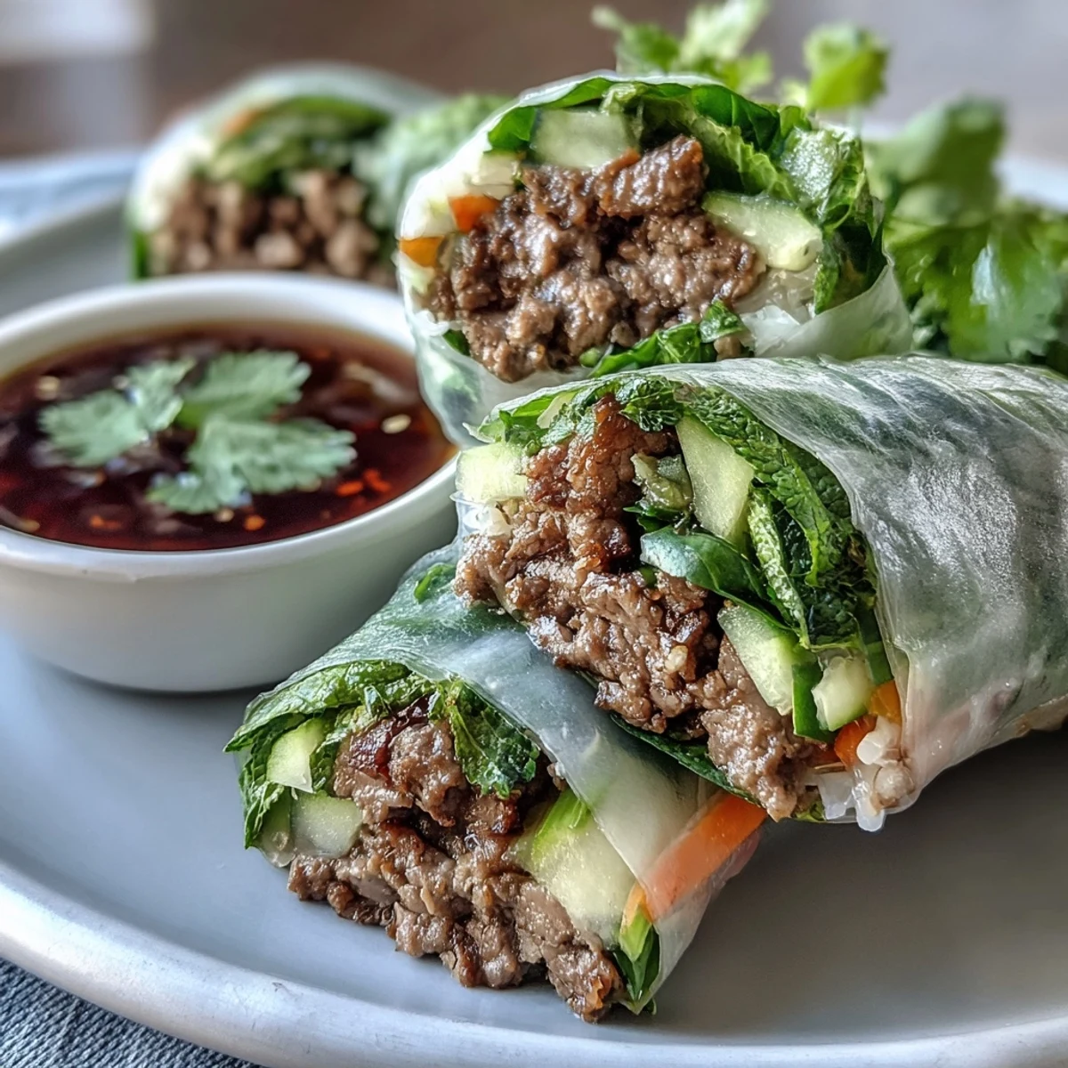 Colorful platter of homemade Thai Basil Beef Rolls, showcasing fresh ingredients like cucumber, carrots, and Thai basil leaves.