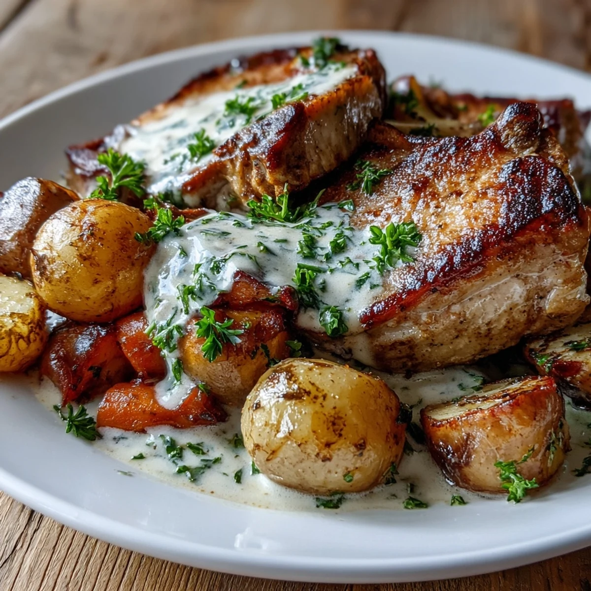 Tender Crockpot Ranch Pork Chops in creamy sauce served with soft carrots and potatoes.