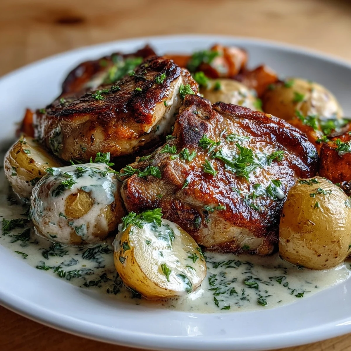 Golden Crockpot Ranch Pork Chops on a plate, creamy ranch gravy spooned over vegetables.
