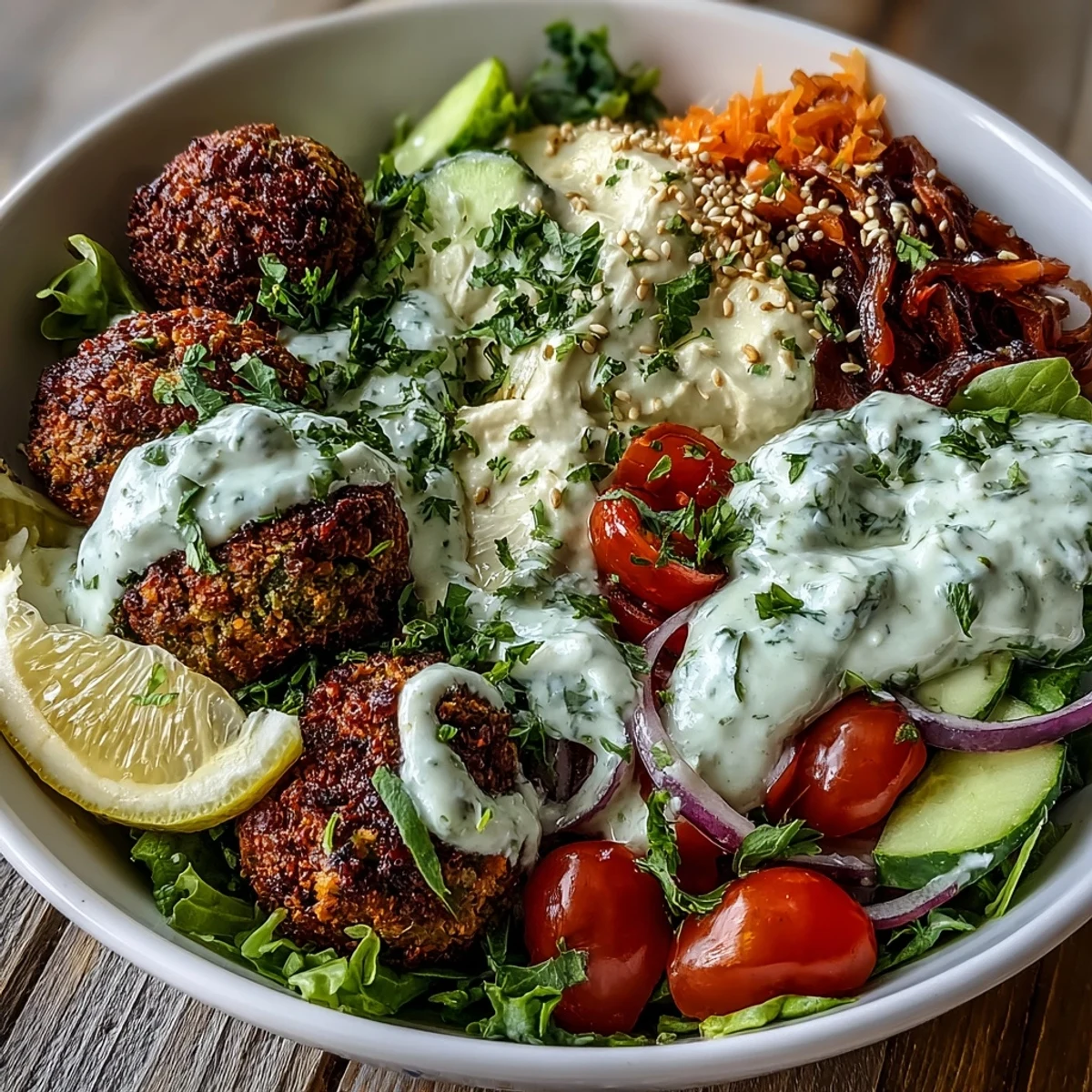 A vibrant Falafel Bowl features crispy falafel balls nestled on creamy hummus and tangy tzatziki, topped with fresh greens.