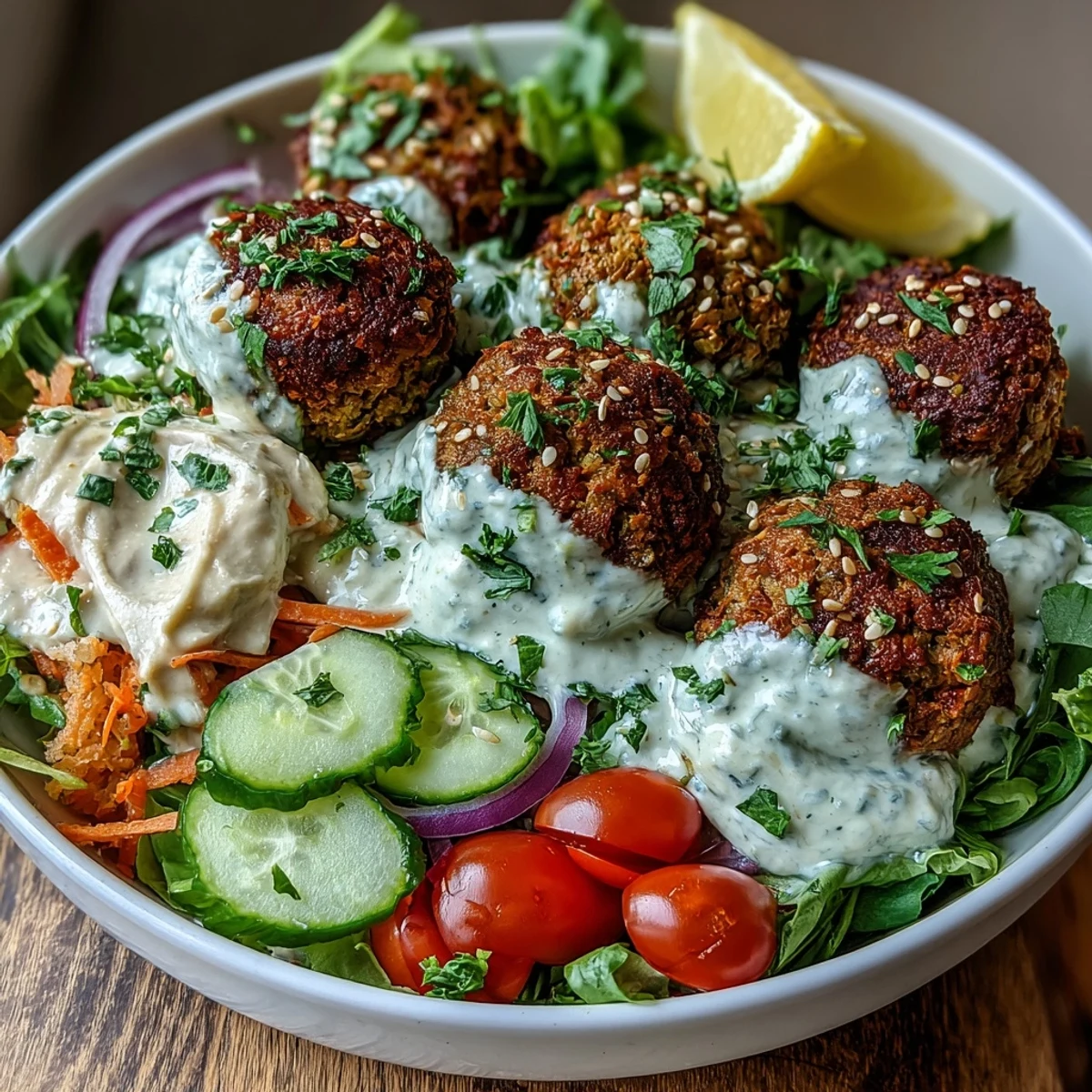 This colorful Mediterranean-inspired Falafel Bowl showcases crisp vegetables and a rich tahini drizzle, perfect for a healthy, satisfying meal.