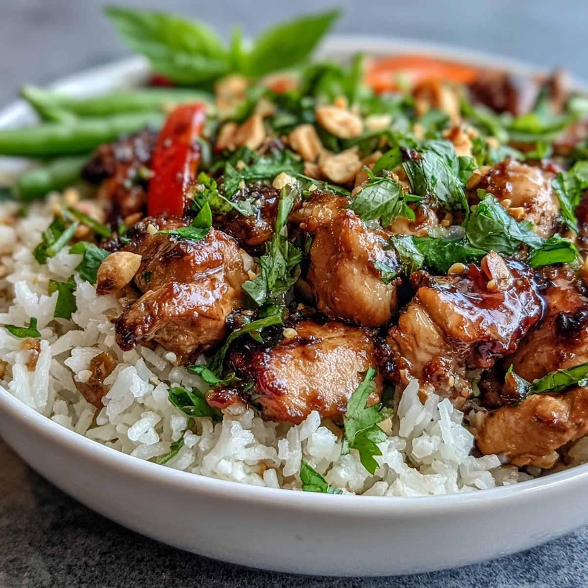 Aromatic Thai herbs and spicy chili garnish a colorful bowl of coconut rice, tender chicken, and crunchy snap peas.