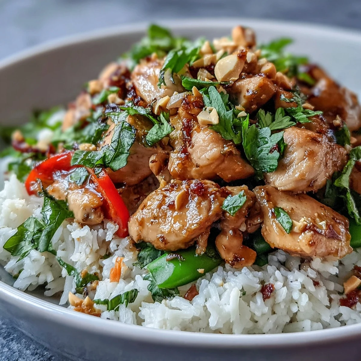 Golden-brown glazed chicken and crisp vegetables rest on fluffy coconut rice, with roasted peanuts and lime wedges for serving.