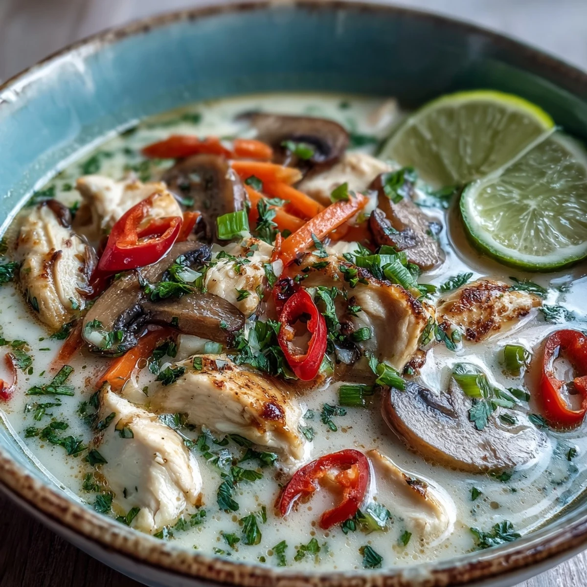 Thai Coconut Curry Soup garnished with fresh cilantro and a lime wedge, served hot with a side of fluffy rice.