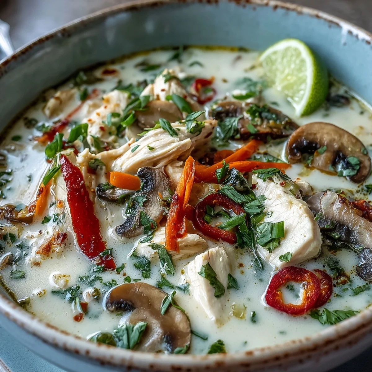 Comforting Thai Coconut Curry Soup with colorful vegetables and aromatic spices, perfect for a cozy weeknight dinner.