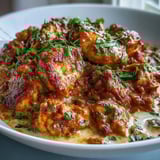 Serving suggestion for Easy Chicken Curry with steamed basmati rice and warm naan bread on the side.