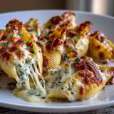 Creamy pumpkin and smoked Gouda stuffed shells topped with crispy sage leaves served for dinner.